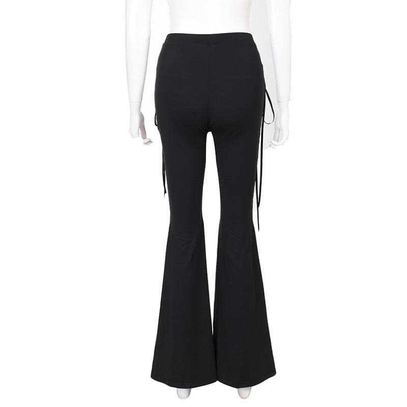 Lace up hollow out ribbon high rise pant