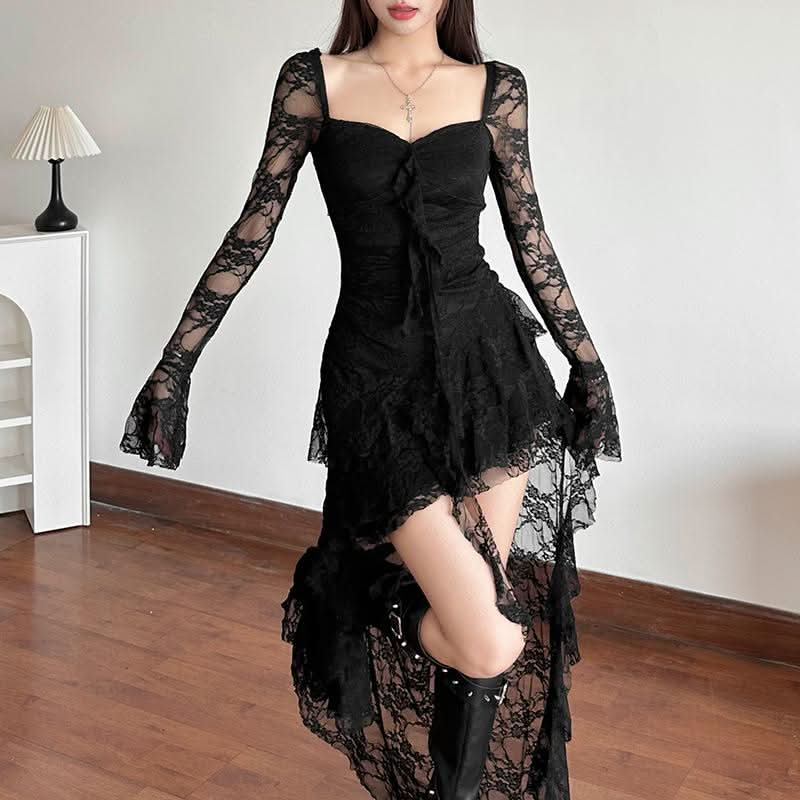 Lace long flared sleeve irregular v neck mini dress