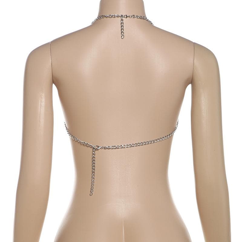 Halter layered metal chain hollow out backless cut out top