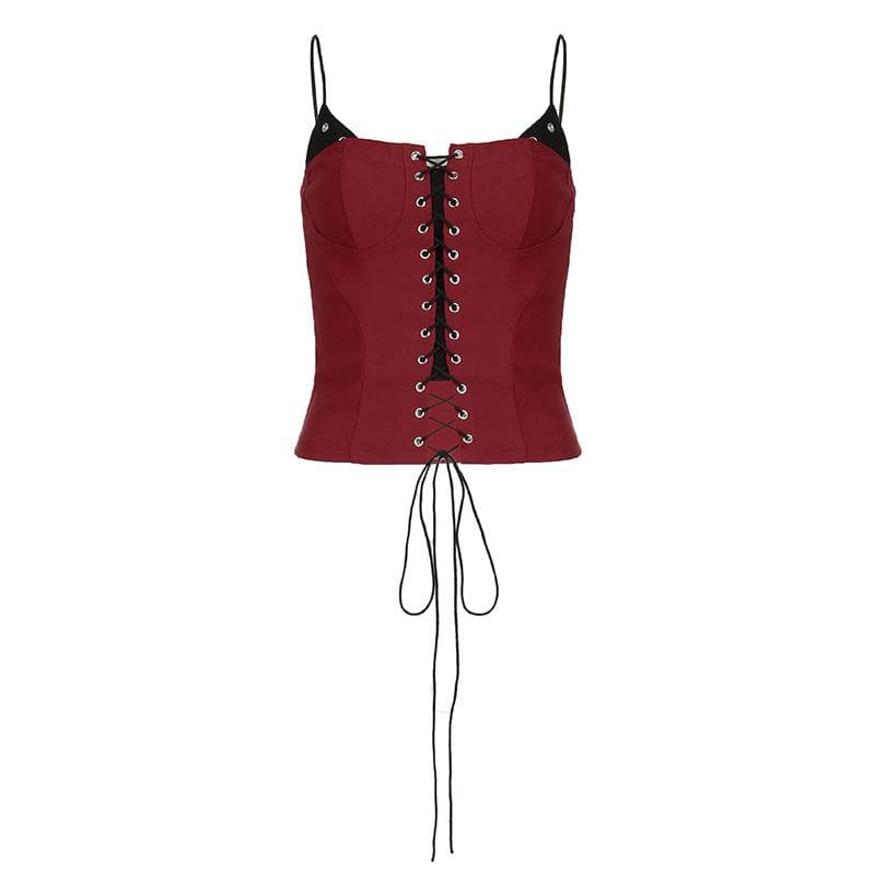 Patchwork lace up contrast cami top