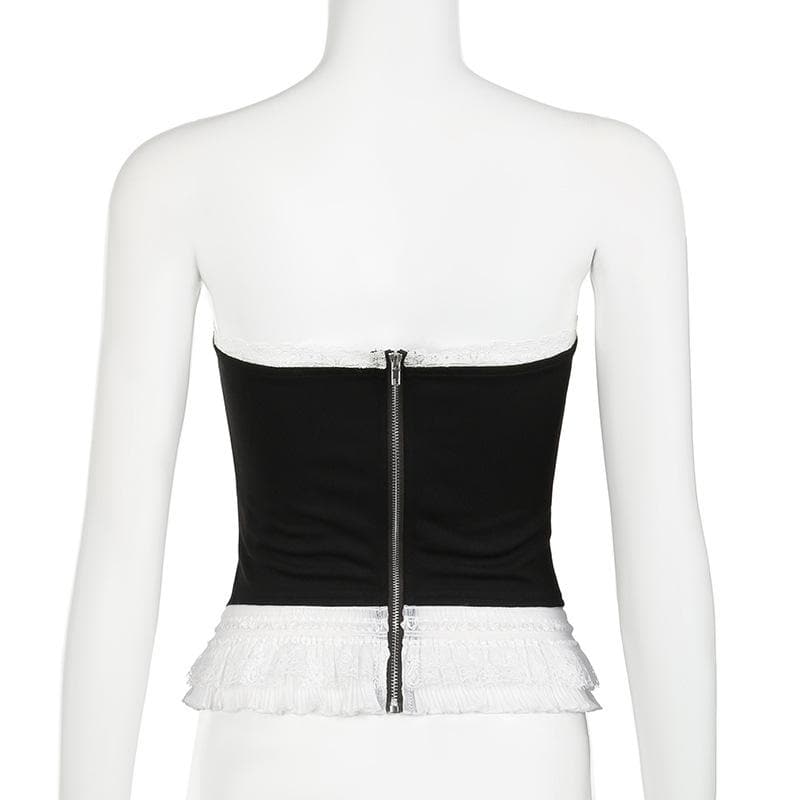 Corset lace hem ruffle zip-up tube top