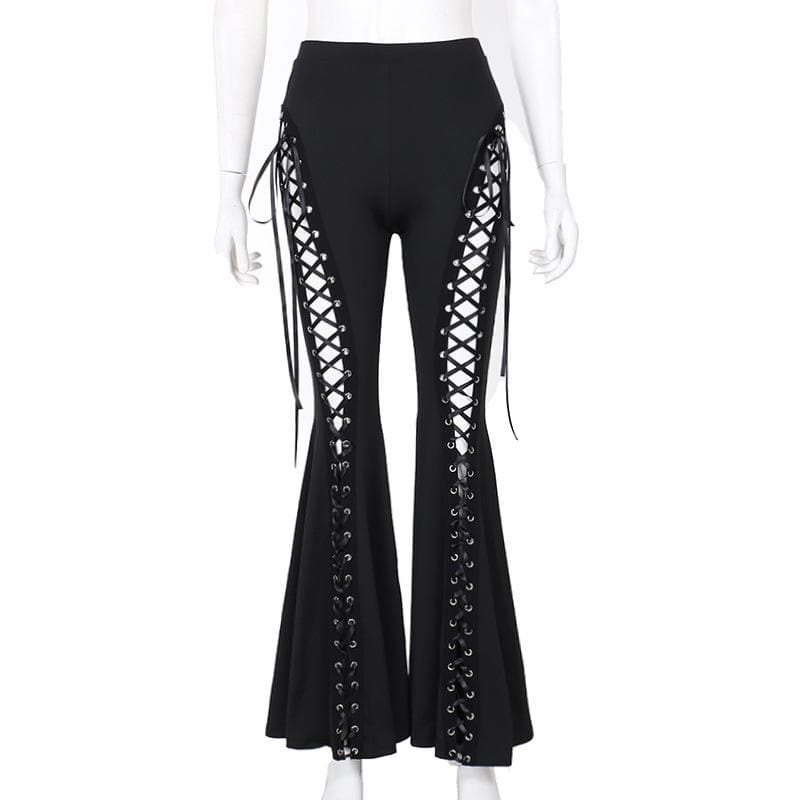 Lace up hollow out ribbon high rise pant