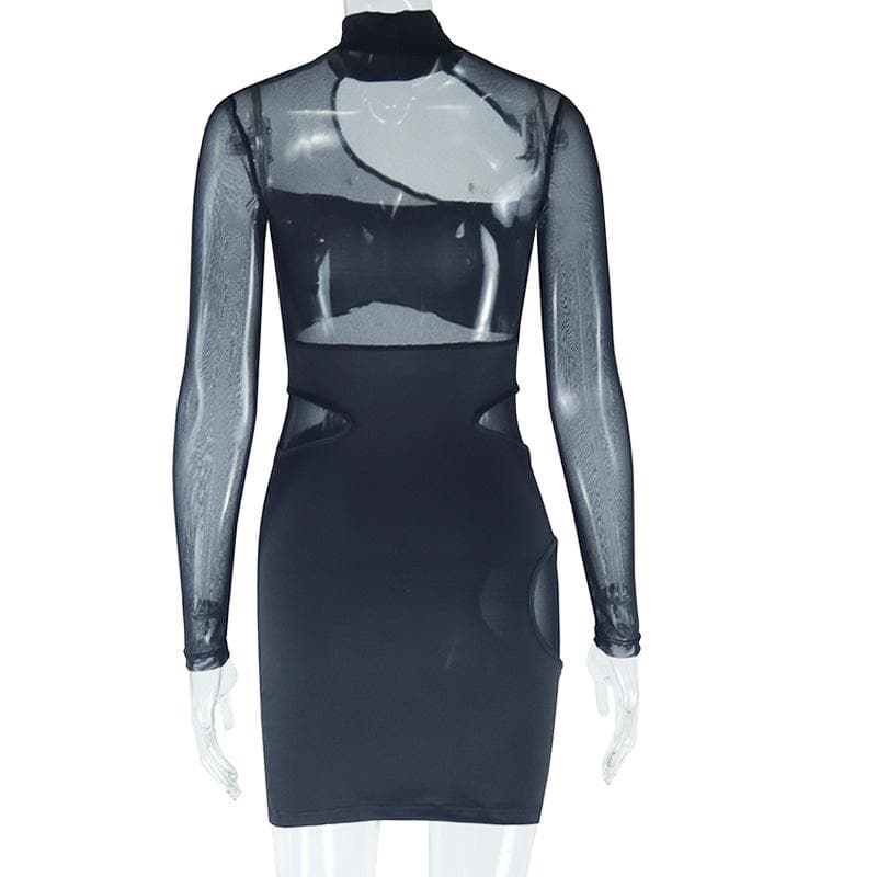 Long sleeve hollow out high neck mesh patchwork cut out mini dress