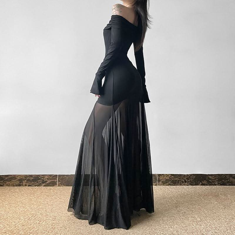 Long sleeve off shoulder mesh patchwork ruched maxi dress