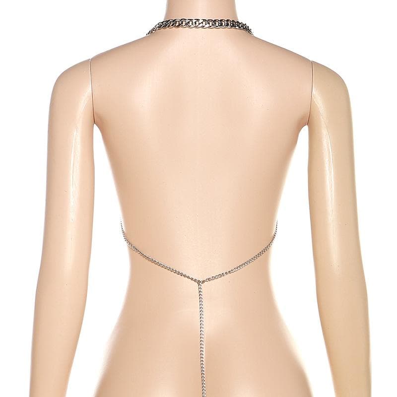 Metal chain see through o ring halter backless crop top