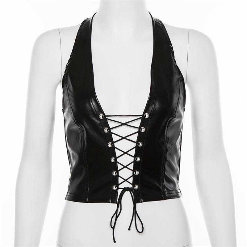 Lace up front halter backless PU leather top