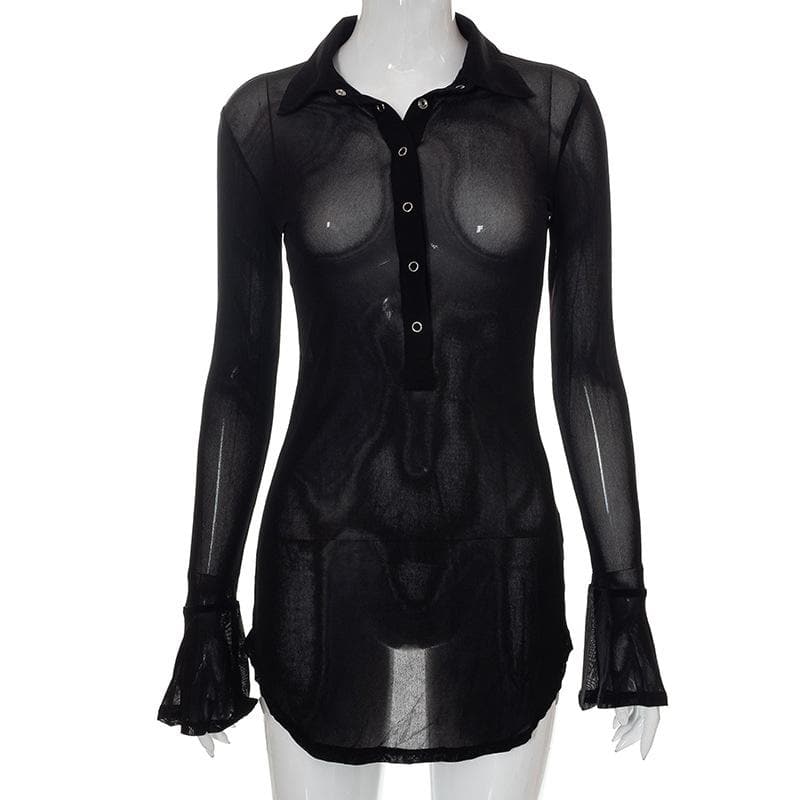 Sheer mesh see through button turnover collar flared sleeve mini dress