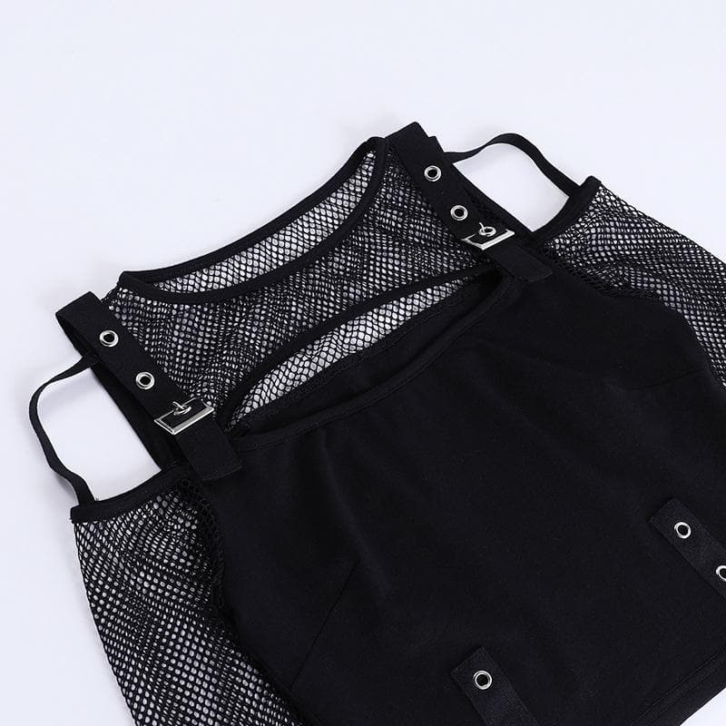 Fishnet patchwork off shoulder buckle long sleeve crop top