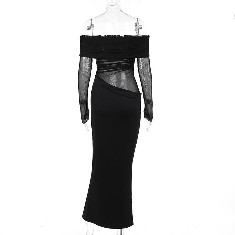 Long sleeve off shoulder mesh ruched maxi dress