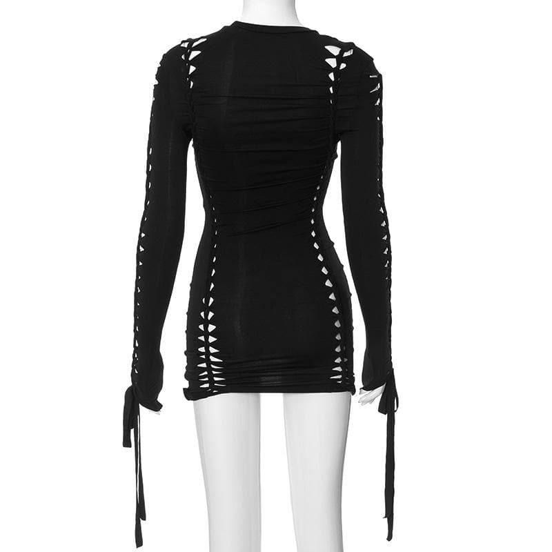 Hollow out self tie long sleeve solid crewneck cut out mini dress