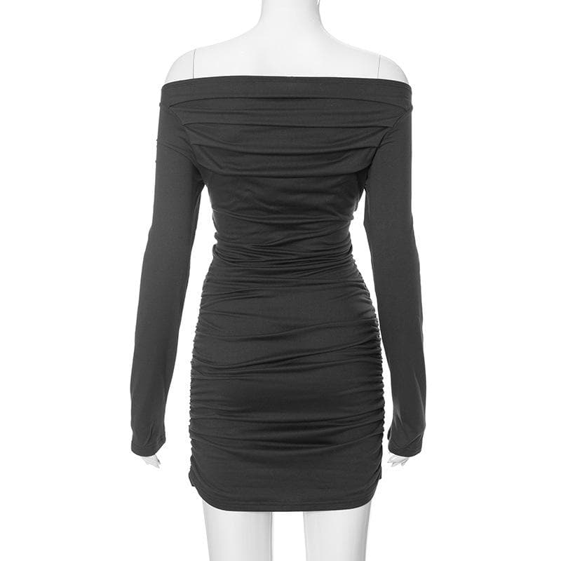 Off shoulder long sleeve ruched backless solid mini dress