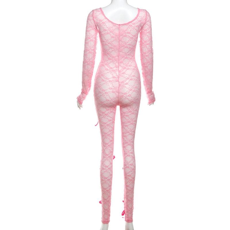 Long sleeve bowknot u neck lace see through jumpsuit