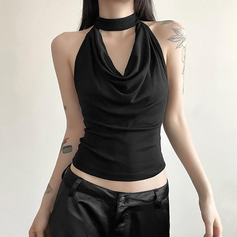 Cowl neck halter solid backless button sleeveless top