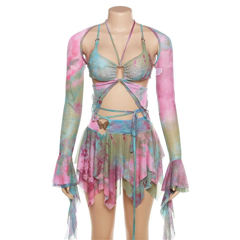 Flared sleeve tie dye o ring self tie halter low cut mini skirt set