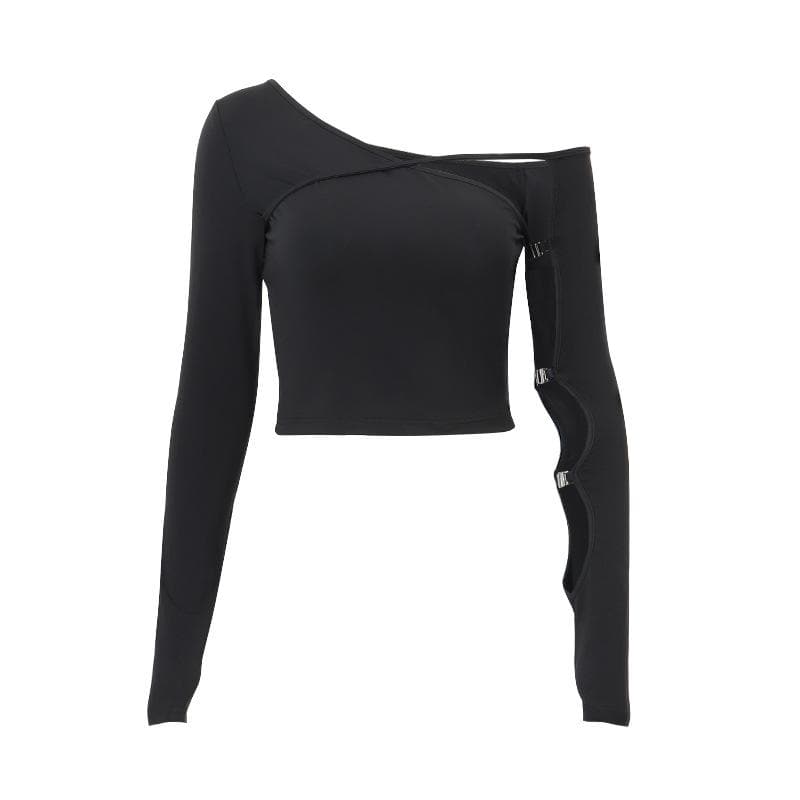 Long sleeve one shoulder button hollow out irregular solid cut out top