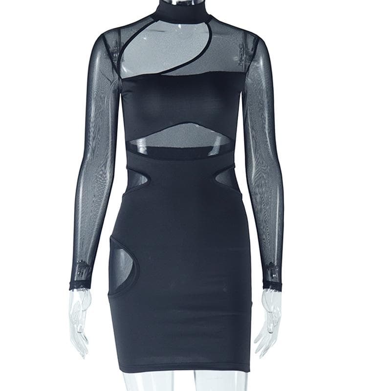 Long sleeve hollow out high neck mesh patchwork cut out mini dress