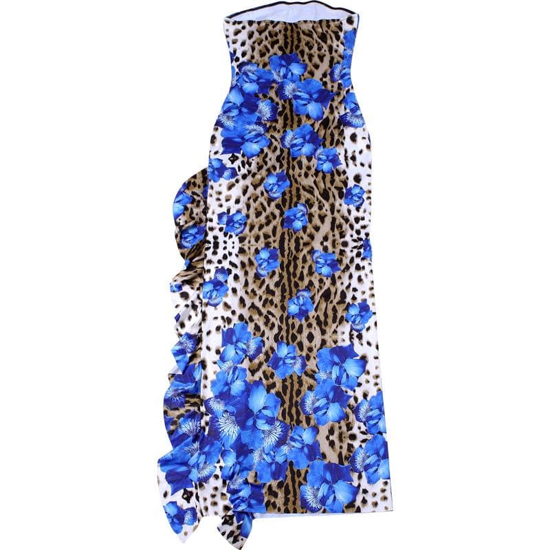 Leopard print contrast ruffle high slit tube maxi dress