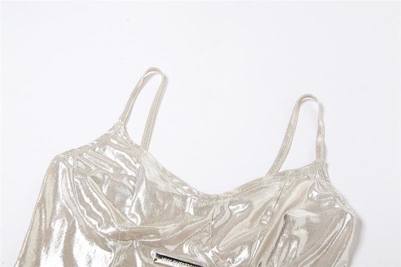 Metallic v neck metal tag backless sleeveless cami bodysuit