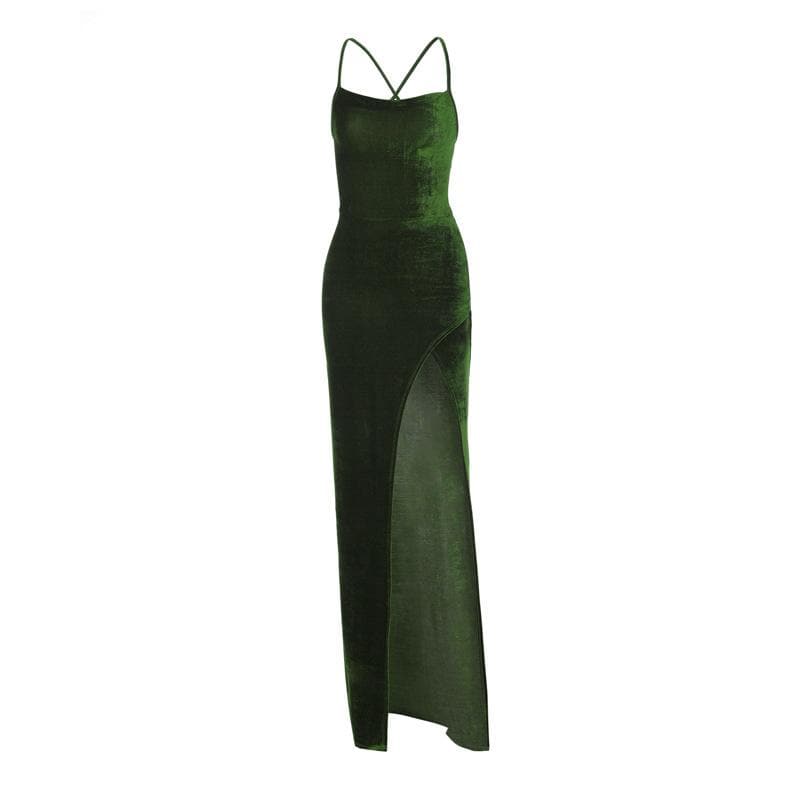 Velvet lace up solid slit cross back sleeveless midi dress