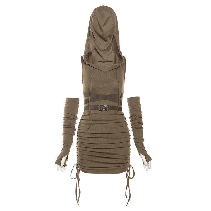 Buckle gloves drawstring hoodie sleeveless solid mini dress