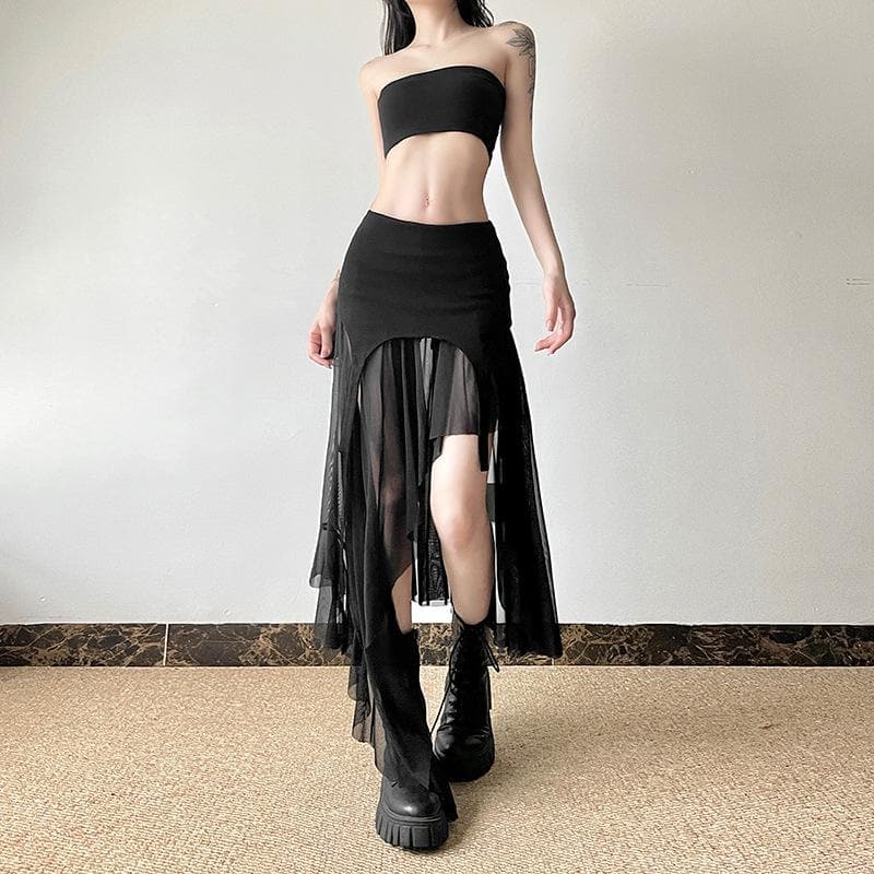 Mesh patchwork irregular midi skirt