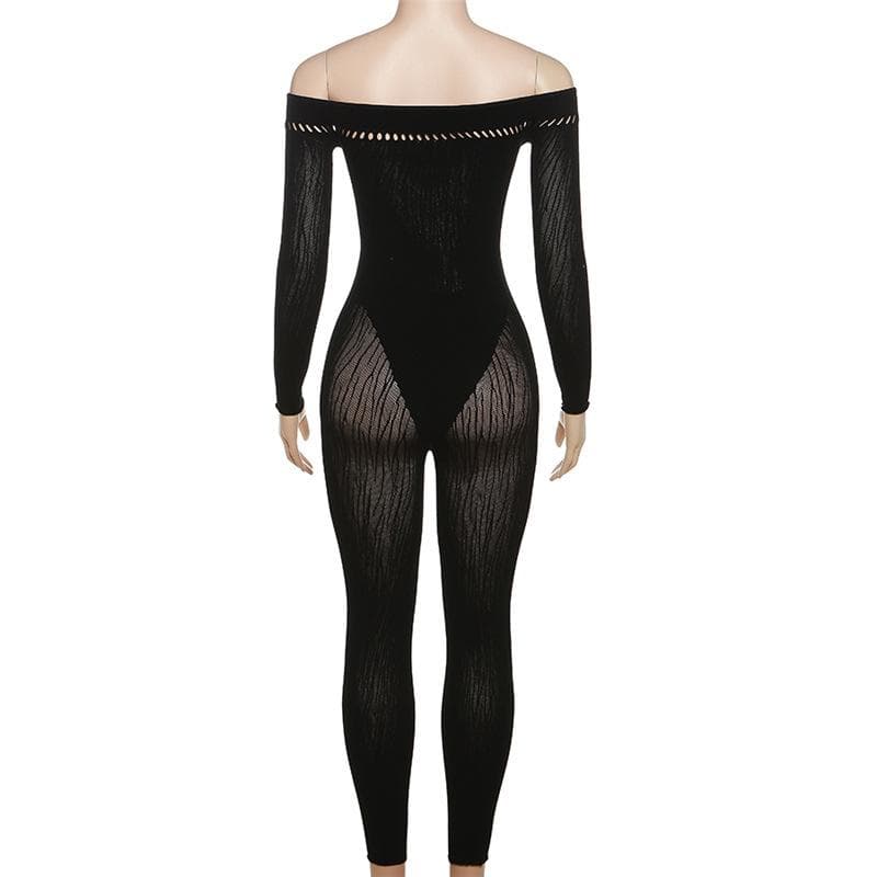 Hollow out off shoulder fishnet long sleeve solid jumpsuit