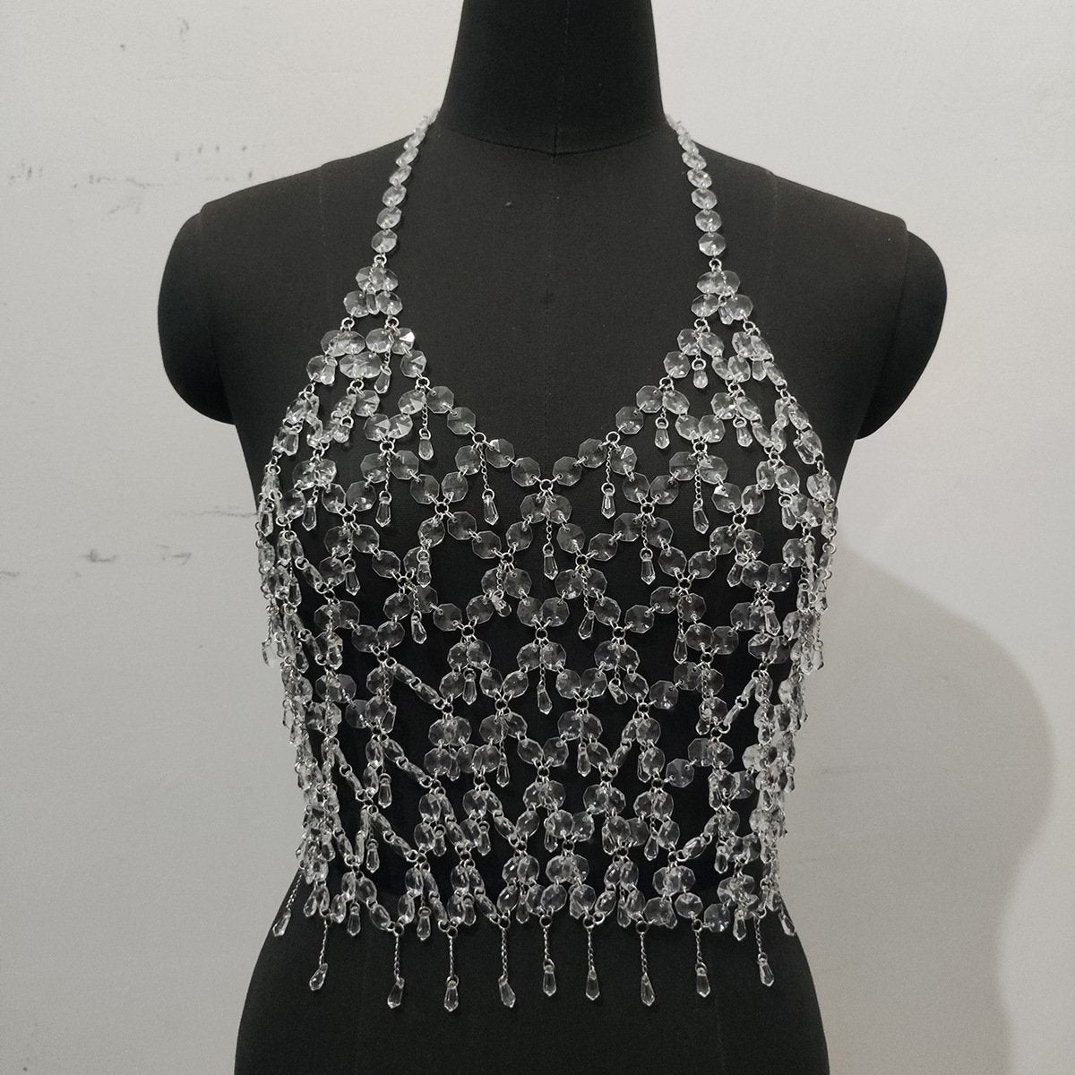 Metal chain plastic crystal halter backless top