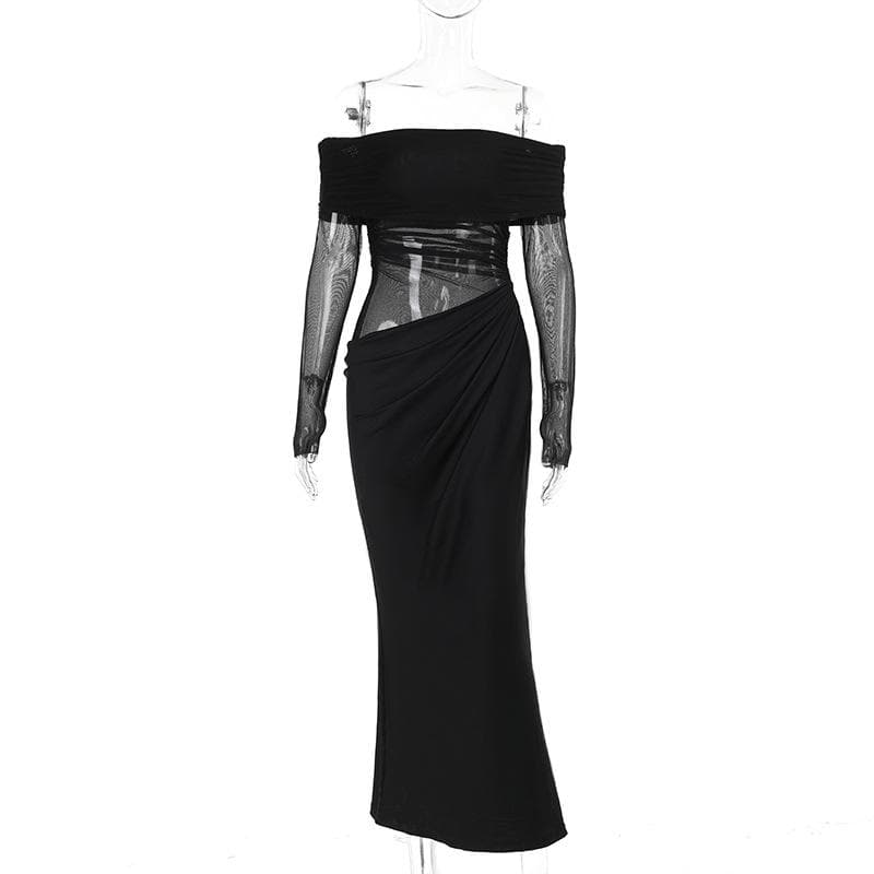 Long sleeve off shoulder mesh ruched maxi dress