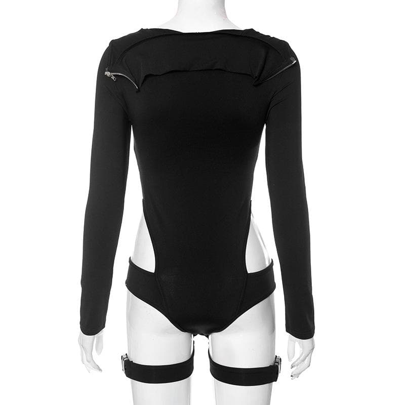 Hollow out zip-up long sleeve button buckle bodysuit