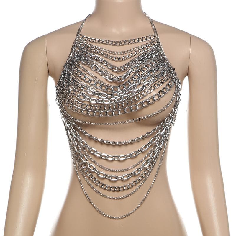 Halter layered metal chain hollow out backless cut out top