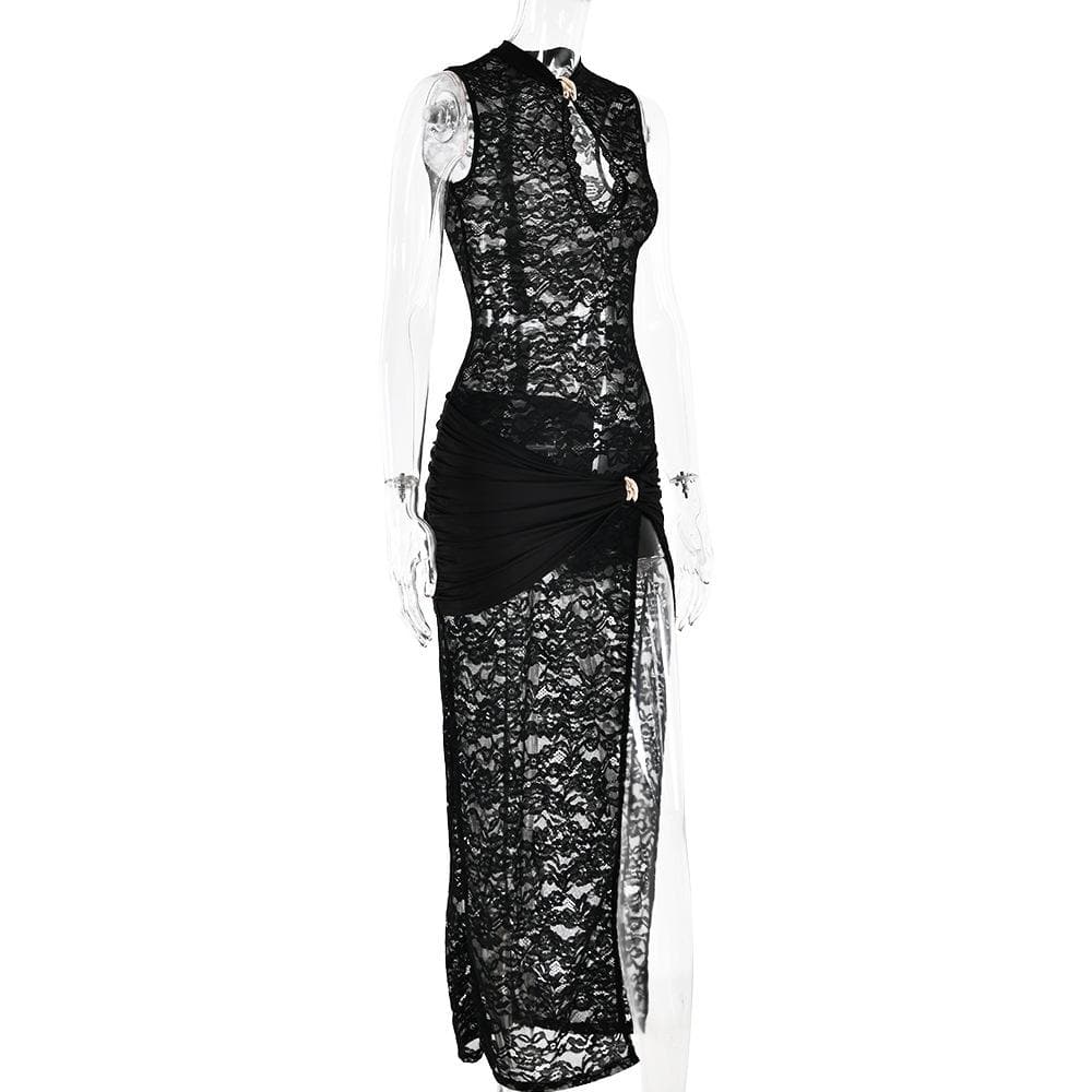 Lace ruched see through hollow out high slit cut out maxi dress