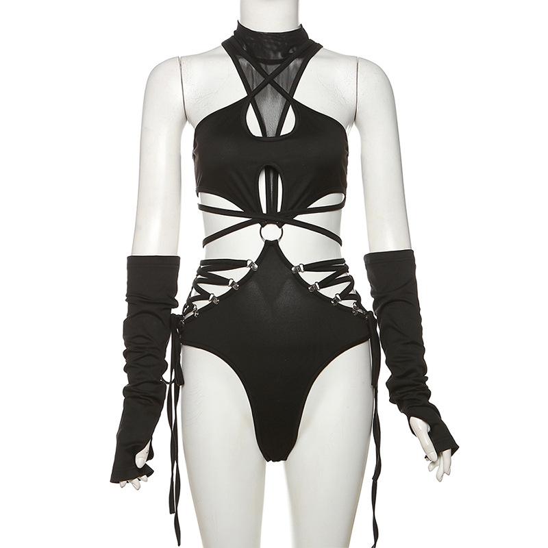 High neck o ring hollow out lace up gloves bodysuit