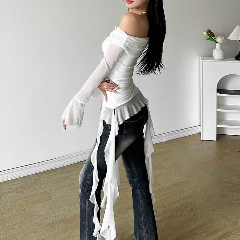 Long flared sleeve off shoulder mesh ruffle solid top