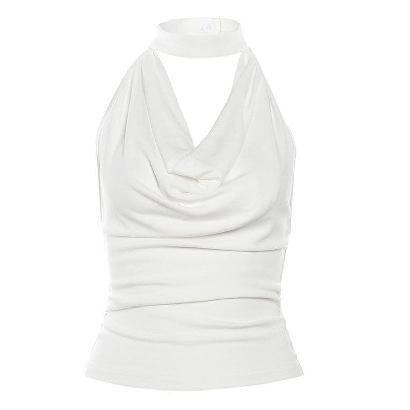 Cowl neck halter solid backless button sleeveless top