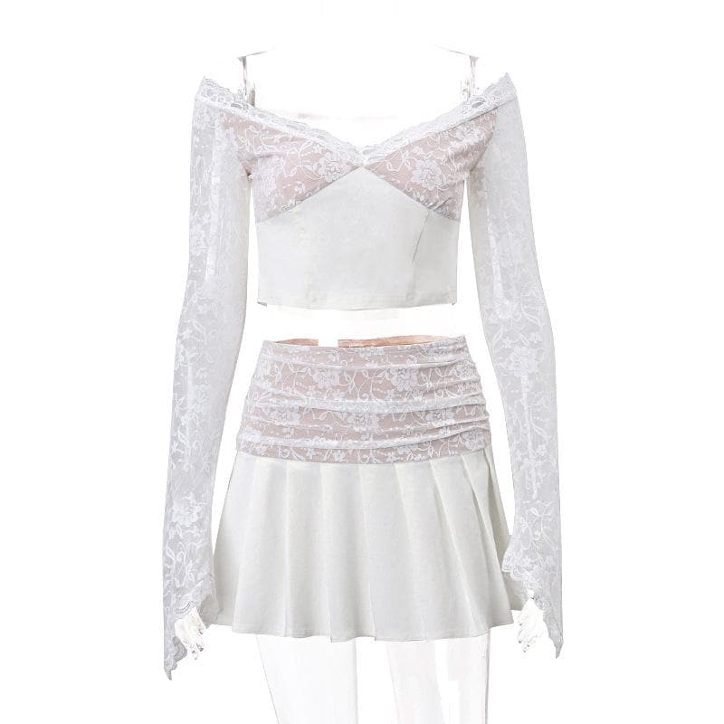 Long flared sleeve lace patchwork pleated ruched zip-up mini skirt set