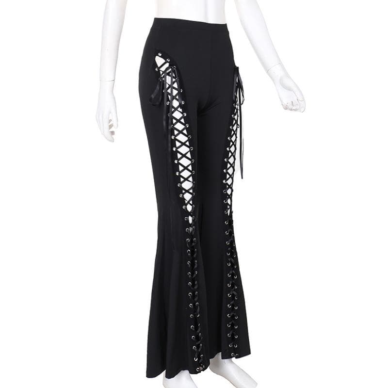 Lace up hollow out ribbon high rise pant