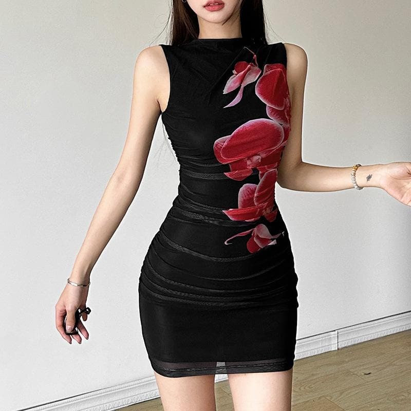 Sleeveless ruched mesh print mini dress