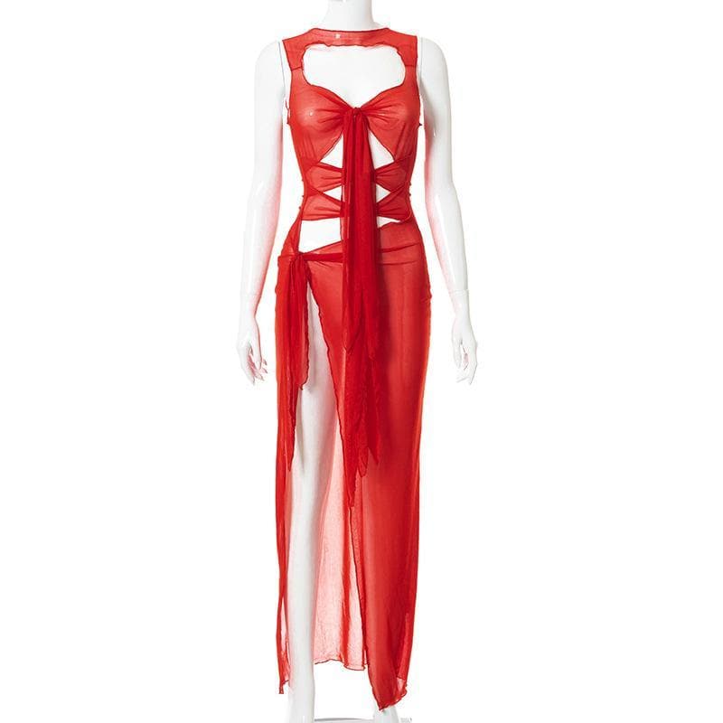 Sheer mesh see through knotted hollow out slit cut out maxi dress