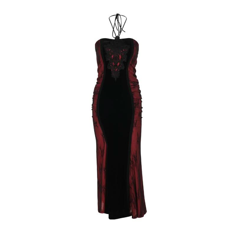 Halter embroidery ruched contrast maxi dress