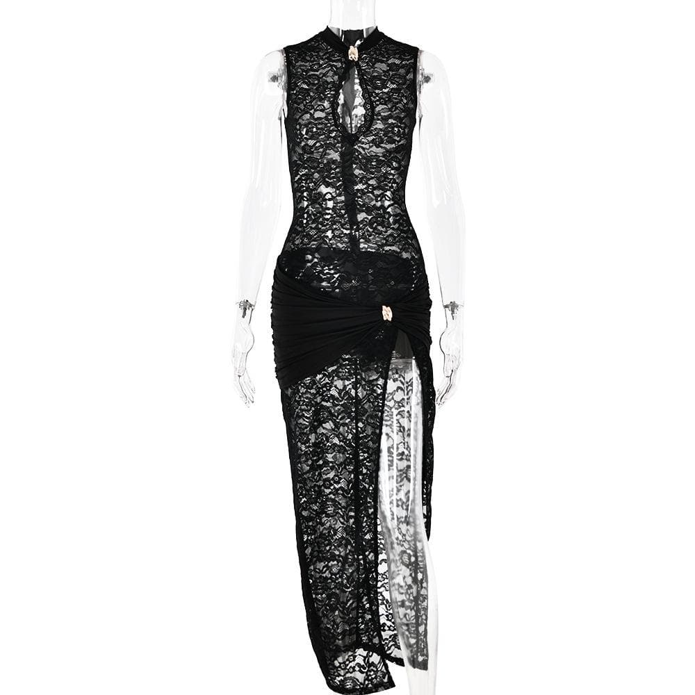 Lace ruched see through hollow out high slit cut out maxi dress