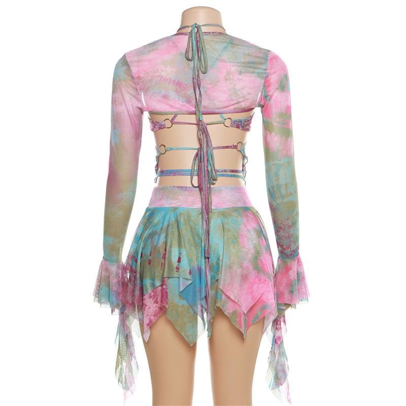 Flared sleeve tie dye o ring self tie halter low cut mini skirt set