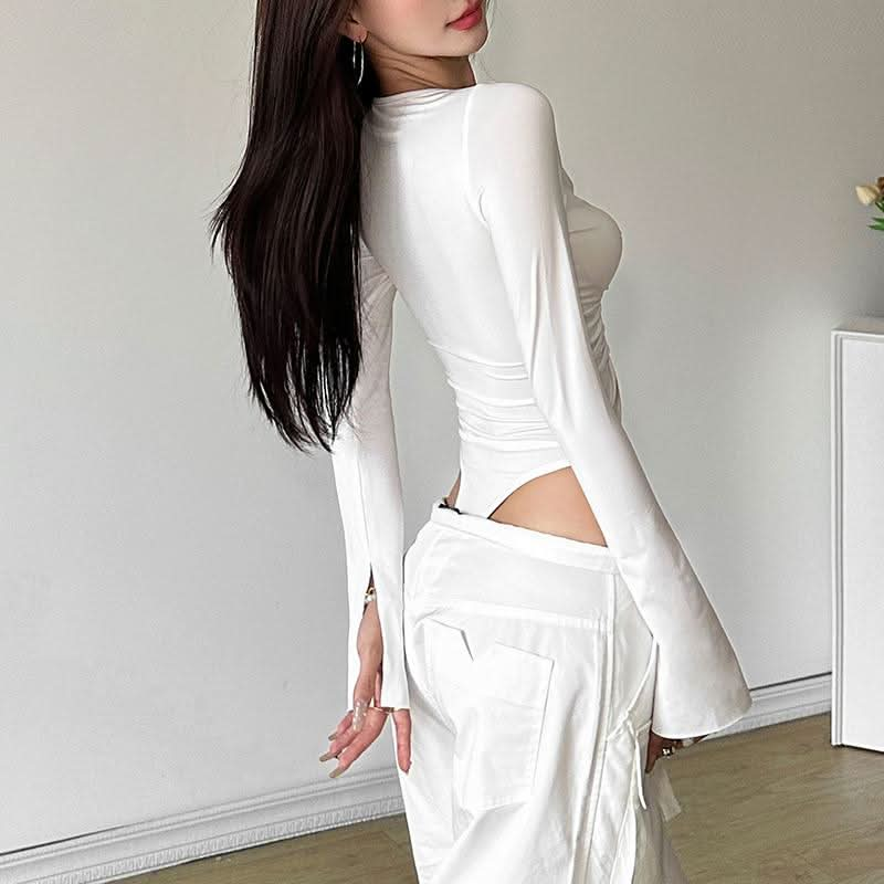 Long sleeve o ring hollow out bodysuit