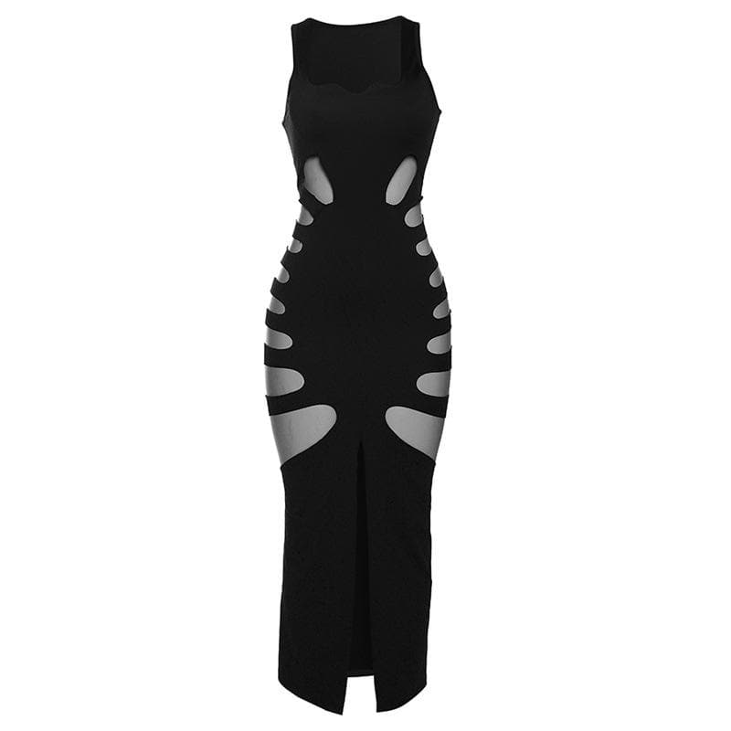 Hollow out solid slit sleeveless low cut cut out maxi dress