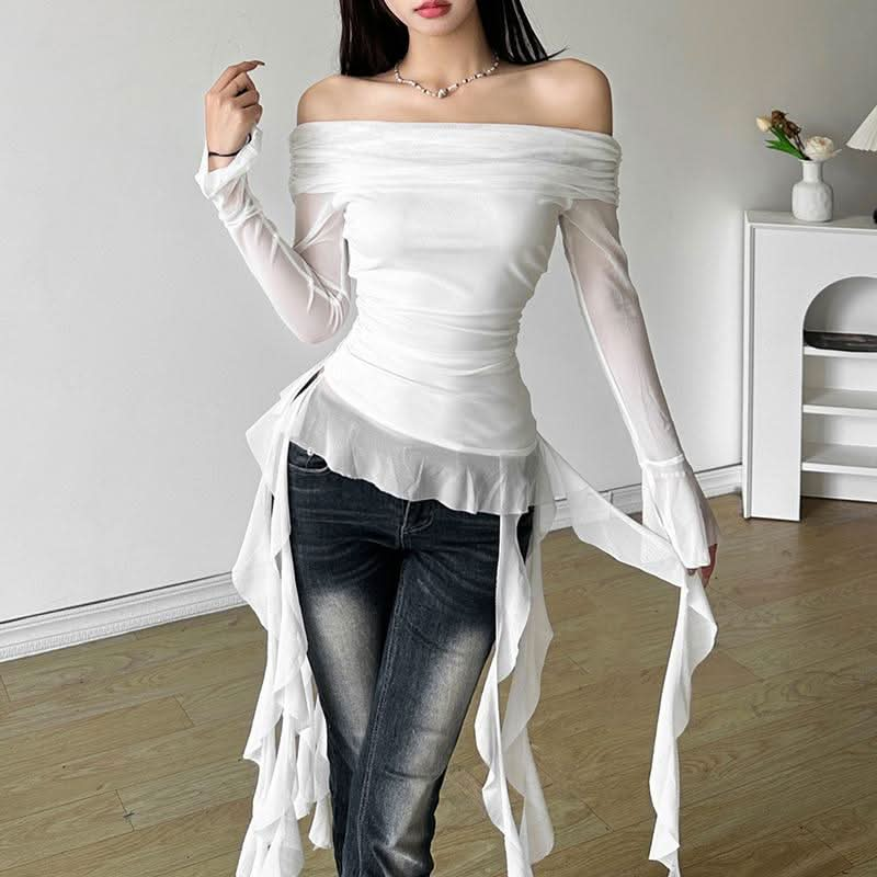 Long flared sleeve off shoulder mesh ruffle solid top