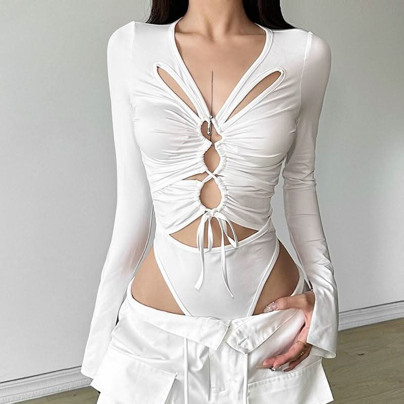 Long sleeve o ring hollow out bodysuit